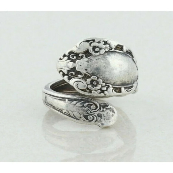Sterling Silver Flower Spoon Ring size 7 1/4 Adjustable - Picture 1 of 6